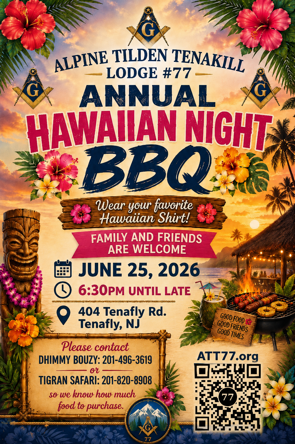 Hawaiian Shirt Barbeque Night flyer — June 25 2026, Alpine Tilden Tenakill Lodge No. 77.