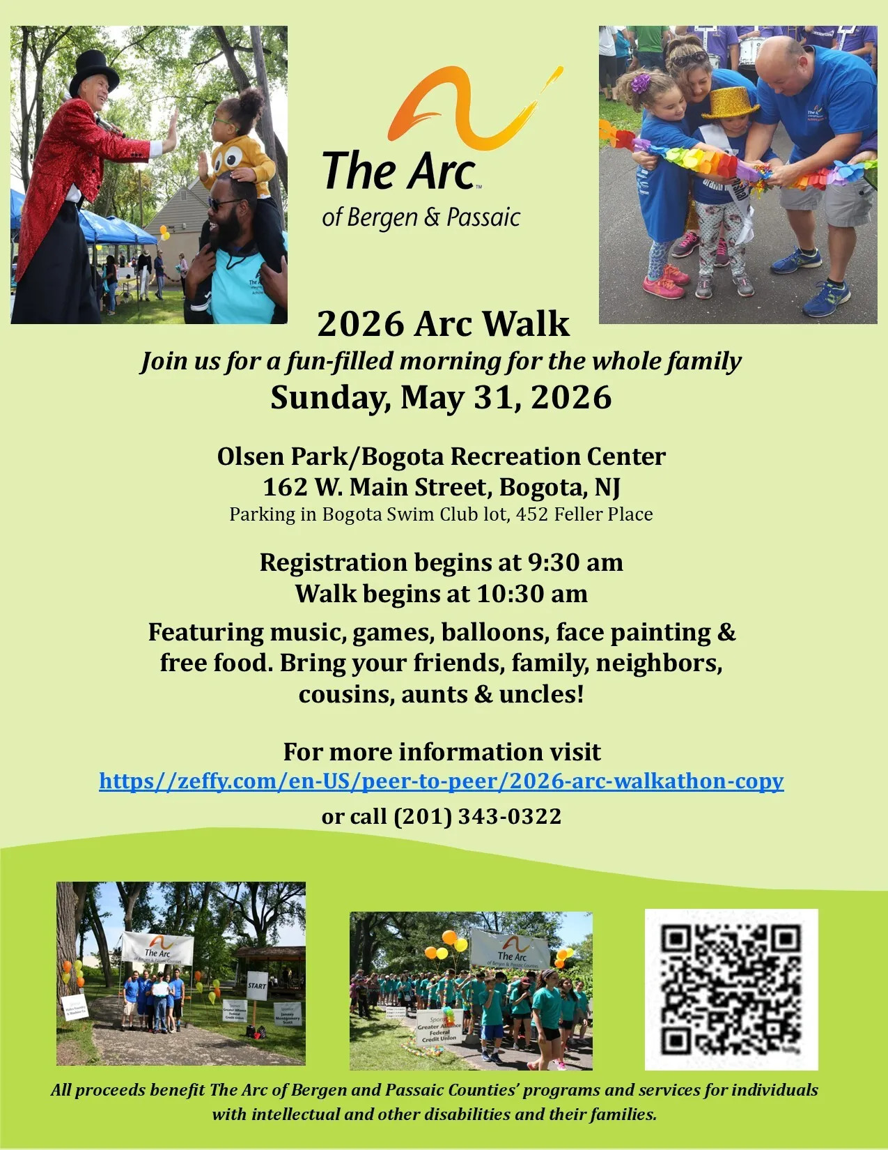 2026 Arc Walk flyer — Sunday May 31 2026, Olsen Park, Bogota NJ.