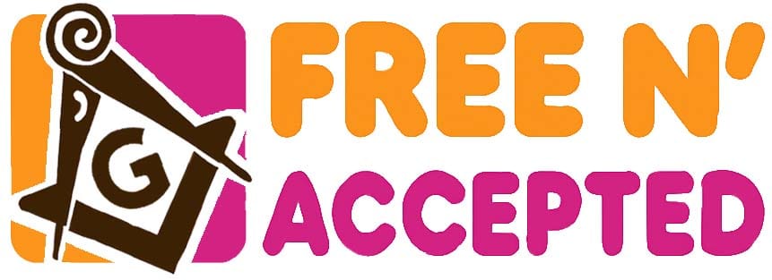 Dunkin' Donuts logo parody reading Free N' Accepted with a square and compasses